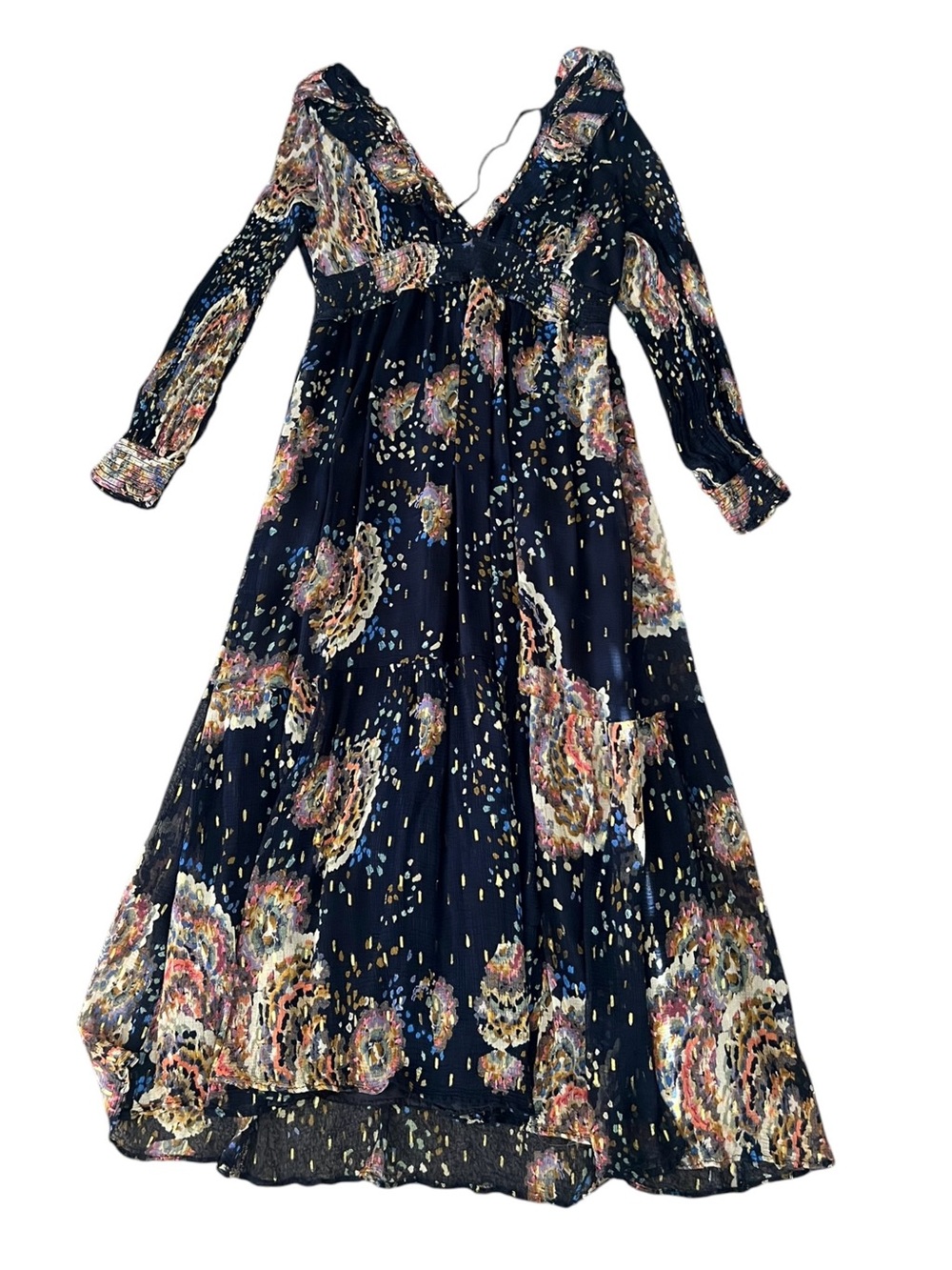 Anthropologie Women’s Smocked V-Neck Metallic Abstract Ruffle Blue Maxi Dress XL - Picture 2 of 16